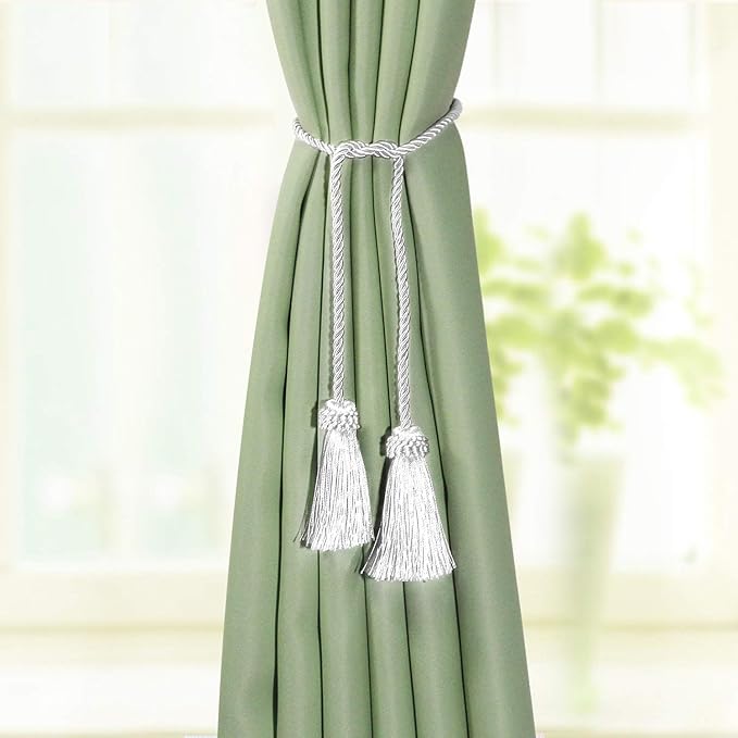 Fenghuangwu Curtain Tiebacks Handmade Decorative Curtain Holdbacks Rope with Tassel (White, 2P)