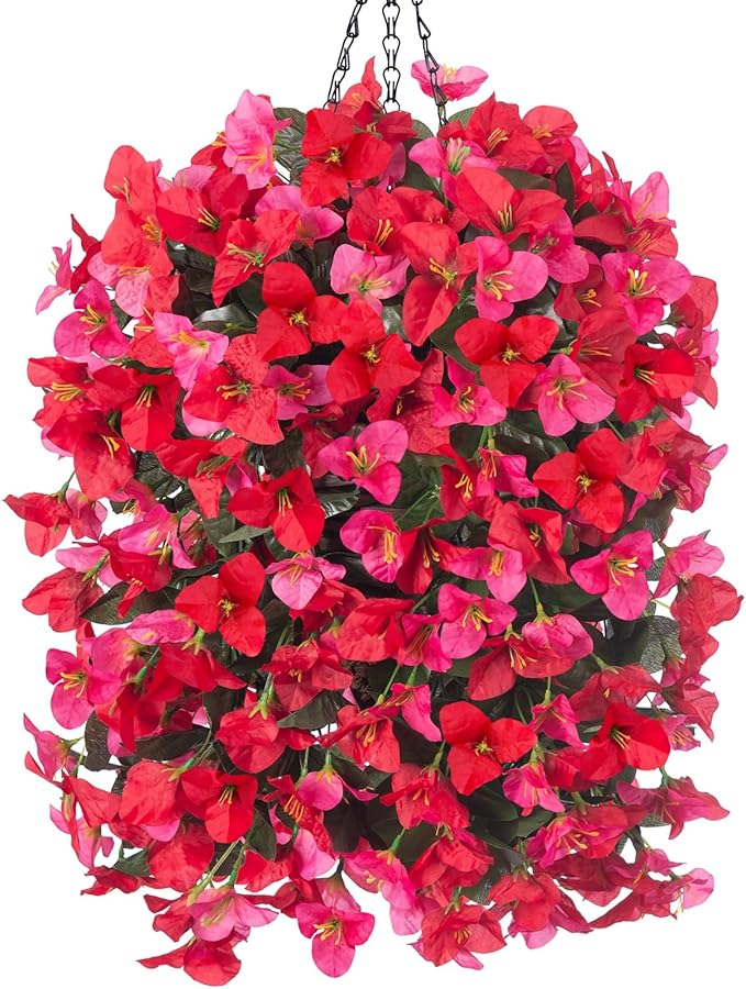 Artificial Bougainvillea Faux Flowers Plants Baskets for Outdoor Outside Decoration, 3 PCS Fake Silk Flowers Long Trailing Vines UV Resistant Realistic for Front Door Porch Patio Balcony, RedHotpink