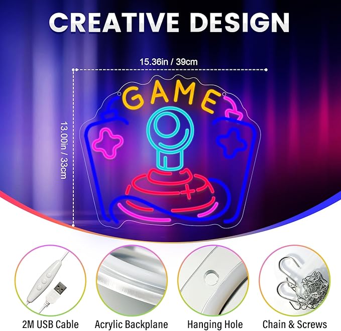 Gamer Joystick Neon Sign, Wootfairy Led Neon Signs for Game Room Wall Decor, Dimmable Neon Light for Boys Room Decor, Colorful Light Up Signs for Man Cave & Bedroom, Gamer Gifts for Teens, Boys, Kids