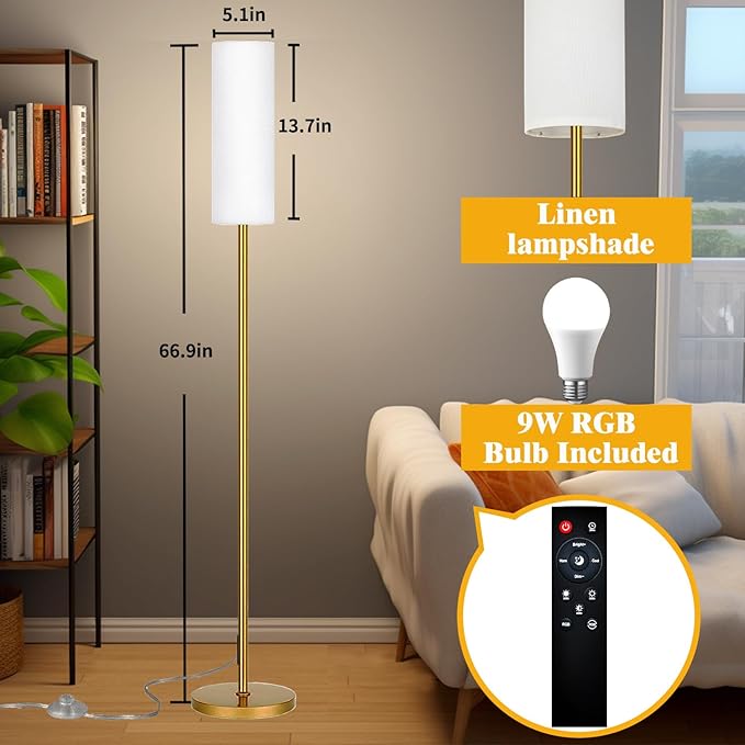 Smart LED Floor Lamp with APP Control & RGB Colors - Dimmable Standing Lamp for Living Room, Bedroom, Gaming - Remote, Timer, 9W Bulb Included, 67" Modern Tall Lamp (Gold)