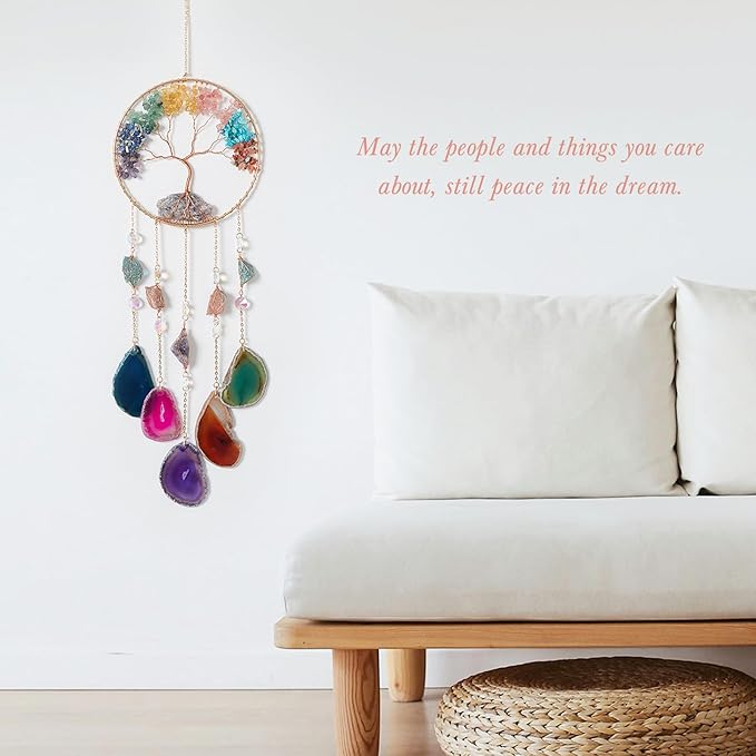 Large Rainbow 5 Agates Gemstone Dream Catcher Tree of Life Chakra Dream Catchers with Healing Crystal Handmade Muti-Colored Dreamcatcher Wall Decor for Adults Boys Girls,Bedroom,Garden,Bless Gift