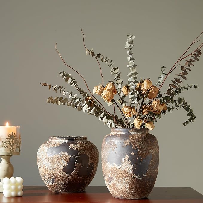 Smiletag Rustic Vase for Home Decor, Farmhouse Terracotta Vases, Stone Vases, Large Vases for Living Room Decor, Rustic Flower Vase Decoration for Living Room