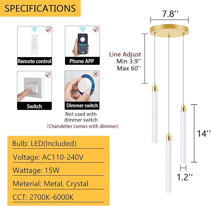 Pendant Lights Kitchen Island Mini Chandelier Gold Pendant Light Crystal Light fixtures Adjustable Hanging Ceiling Hanging Lights Bubble Mini Crystal Ceiling Light for Dining Room Bedroom 2700K 6000K
