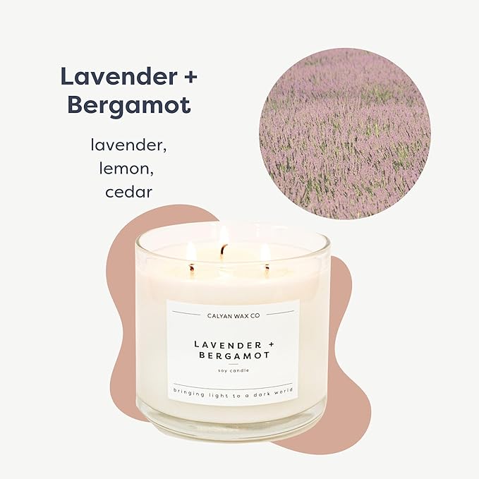 Calyan Wax Co. 3 Wick Candle, Lavender + Bergamot Scented Candle, 43 Hour Burn Time, 3 Wick Soy Candles, Non Toxic & Vegan Soy Wax, Glass Jar Scented Candles, 14.9oz