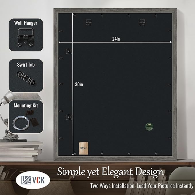 VCK 24x30 Frame Set of 3, Gray Solid Wood Poster Picture Frame, Exclusive Wood Grain, Wall Mounting Hanging