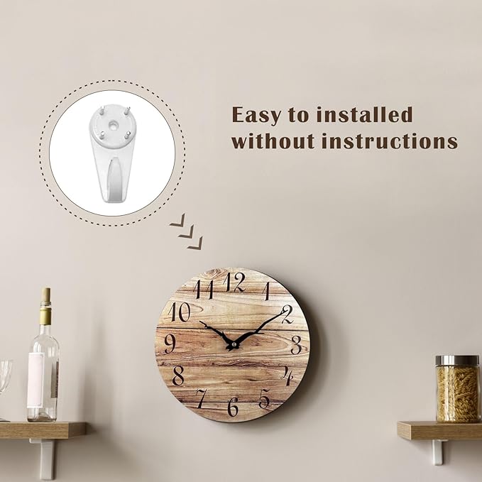 Plumeet Small Wall Clock, 10'' Frameless Wooden Wall Clocks with Silent Quartz Movement, Rustic Country Village Walnut Clocks Decorative for Kitchen Bedroom Living Room, Brown