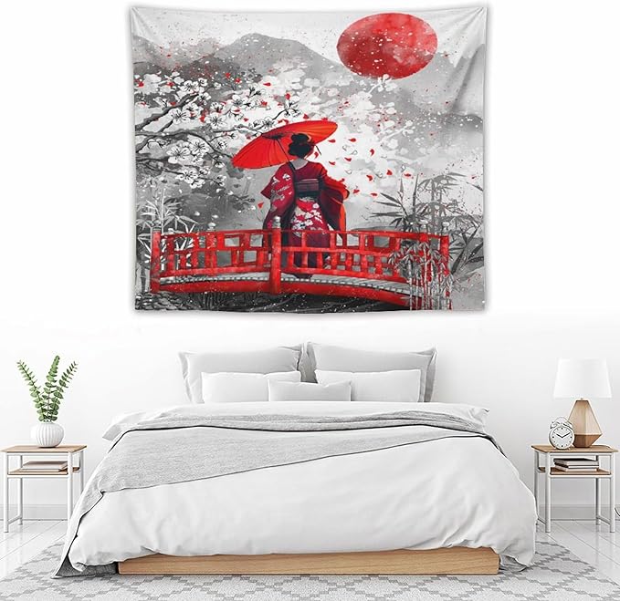 Japanese Red Geisha Tapestry Asian Cherry Blossom Red Sun Traditional Kimono Folk Tapestries Home Decor for Living Room Bedroom Apartment Farmhouse Dorm 60"x50"
