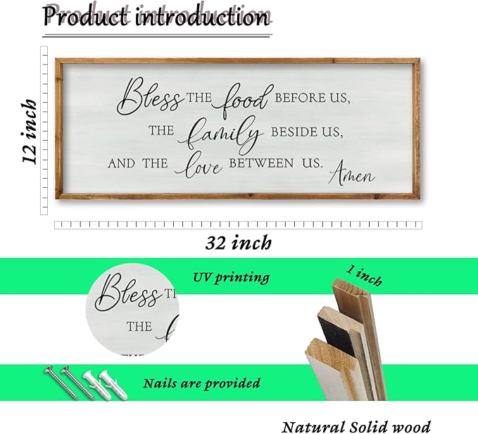 ZZJJHYWGQ Bless The Food Before Us Wall Decor Kitchen Christian Blessing Sign 32"×12" Christian Grateful Family Quote Farmhouse Dining Room Large Catholic Wooden Frame Wall Hanging Art (Wood)