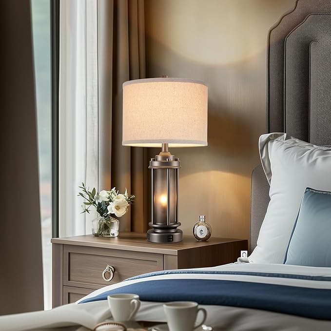 Industrial Metal Table Lamps Set of 2 Living Room Bedroom, 2 USB Ports Bedside Lamp with Glass Nightlight, Modern Desk Lamp for Entryway Office End Table, 4 Bulbs Included