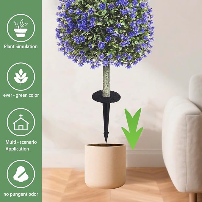 Set of 2 Artificial Boxwood Topiary Ball Trees with Purple Flowers for Outdoor with Ground Spike 29.5", UV Resistant Faux Greenery Shrubs, Fake Plants for Garden, Porch, Patio Valentine's Day Decor