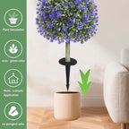 Set of 2 Artificial Boxwood Topiary Ball Trees with Purple Flowers for Outdoor with Ground Spike 29.5", UV Resistant Faux Greenery Shrubs, Fake Plants for Garden, Porch, Patio Valentine's Day Decor