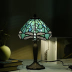 TL0008 Tiffany Lamp Sea Blue Stained Glass Dragonfly Style Desk Reading Light for Small Space Bedside Bedroom Home Office,8" D x 14.25" H, LED Bulb Included