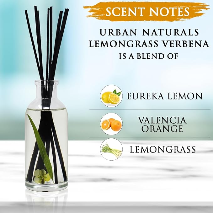 Urban Naturals Lemongrass Verbena Reed Diffuser Scented Sticks Set | (Refresh + Renew) Mind & Body Aromatherapy Collection | Essential Oil Botanical Room Scent