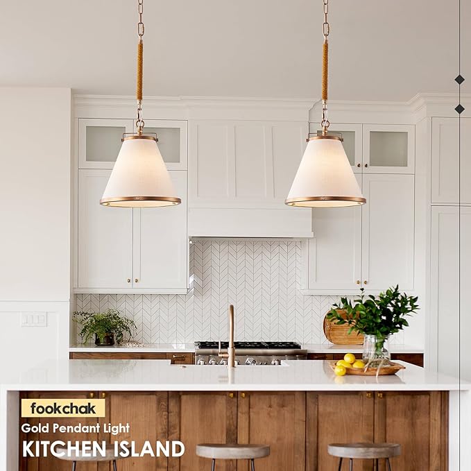 Vintage Brass Pendant Light Kitchen Island 10inch Linen Pendant Lights with Brass Hemp Rope Rod Modern Farmhouse Pendant Hanging Lighting for Kitchen Sink Dining Room Entryway Hallway