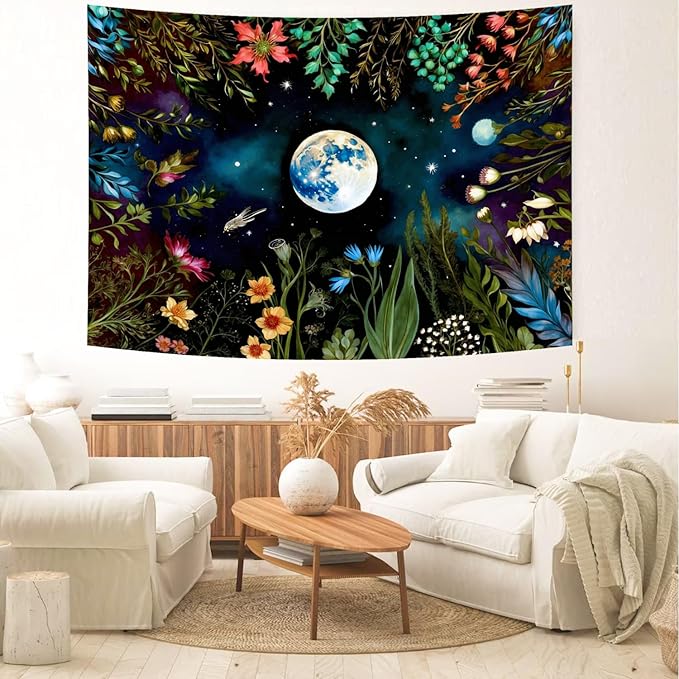 Delur Moonlit Garden Tapestry Boho Moon Floral Plant Tapestry Wall Hanging Colorful Flower Botanical Nature Night Landscape Headboard for Bedroom Living Room Home Decor (51.2" x 59.1")