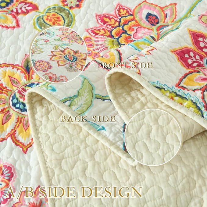 Cotton Bedspread Bedding Coverlet Quilt Sets, Reversible Vintage Branch Floral Bedspread comforters,(Vintage Floral White Pattern, King Size)