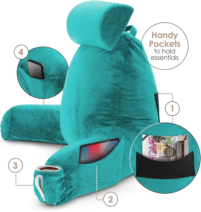 Nestl Reading Pillow Large Bed Pillow, Back Pillow for Sitting in Bed Shredded Memory Foam Chair Pillow, Reading & Bed Rest Pillows Teal Back Pillow for Bed, Bed Chair Arm Pillow with Pockets