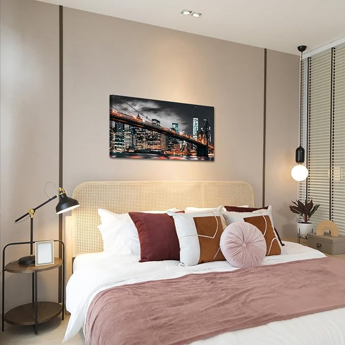 RyounoArt New York City Pictures Wall Art NYC Skyline Canvas Paintings Brooklyn Night Cityscape Prints Wall Decor Framed 20x36 Inch