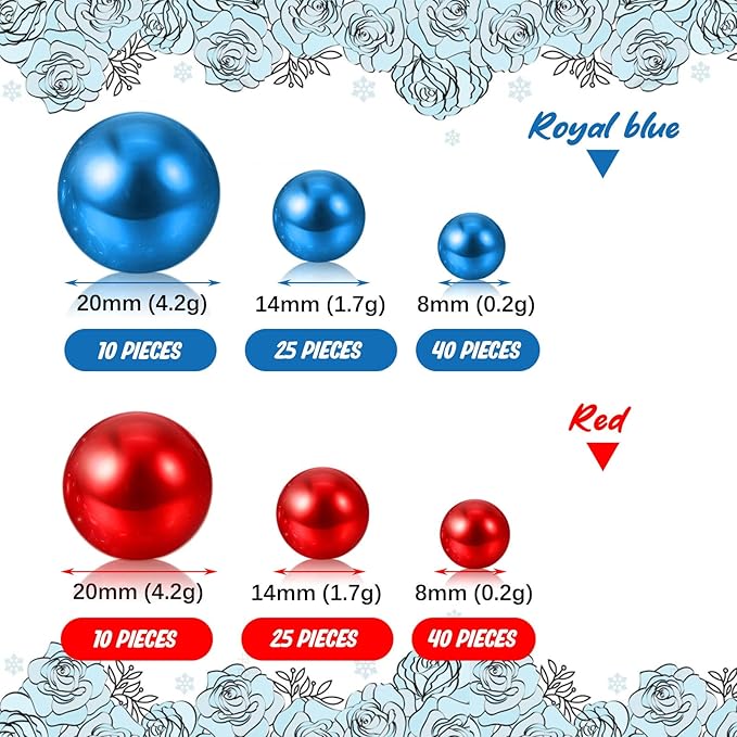 Blue Red Vase Filler | 150PCS Pearls Bead for Centerpieces Vases | 8/14/20 mm No Hole Beads, Fake Pearls for Birthday, Wedding, Christmas, Anniversary Theme Party Table Centerpieces Decor