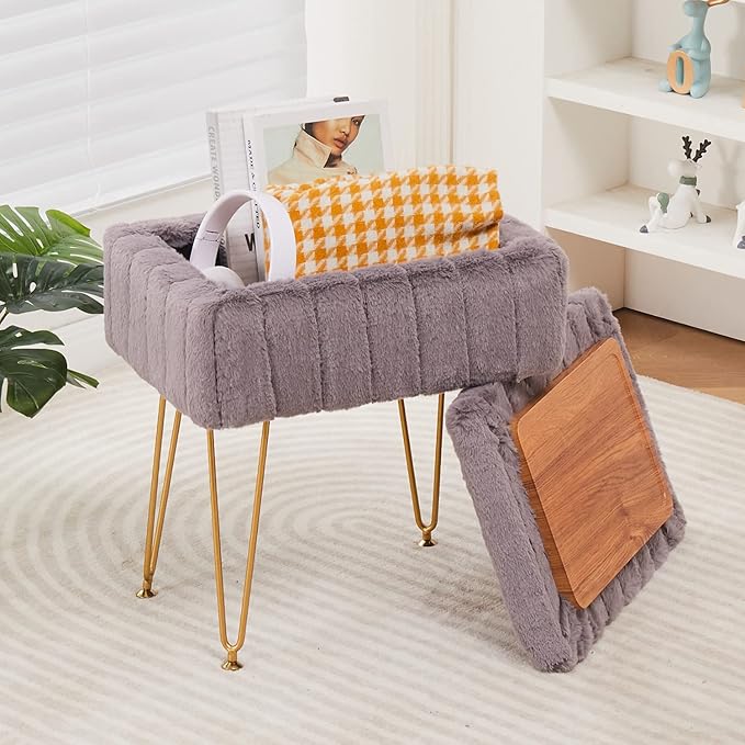 Wimarsbon Faux Mink Fur Storage Ottoman, Modern Soft Footstool, Storage Bench with Metal Legs, Vanity Seat, Fur Stool, Ottoman Coffee Table, Makeup Chair, Vanity Stools for Bedroom (Grey)