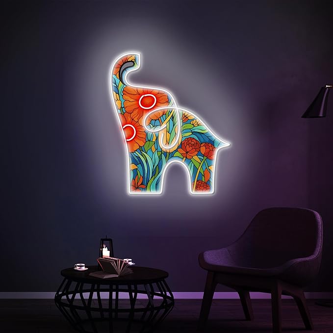 Personalized Floral Elephant Neon Sign, Custom UV Printed Flower Animal Decor Led Light, Flowers Wall Art Lights Signs, Decorative Gifts For Friends, Kids, Mom, Elephants Lovers