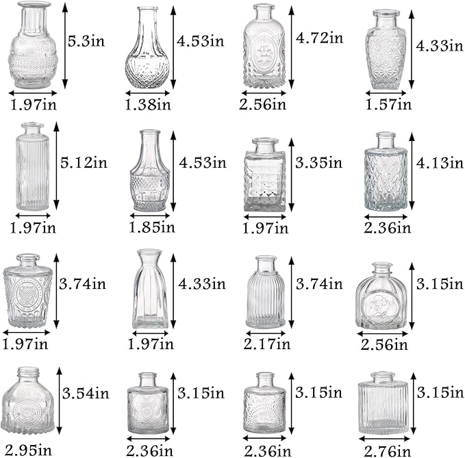 Bud Vases Set of 16, Small Vase for Flowers, Glass Vase for Centerpieces, Small Flower Vases for Centerpieces, Mini Vintage Vases, Clear Bud Vases for Wedding Table Decor