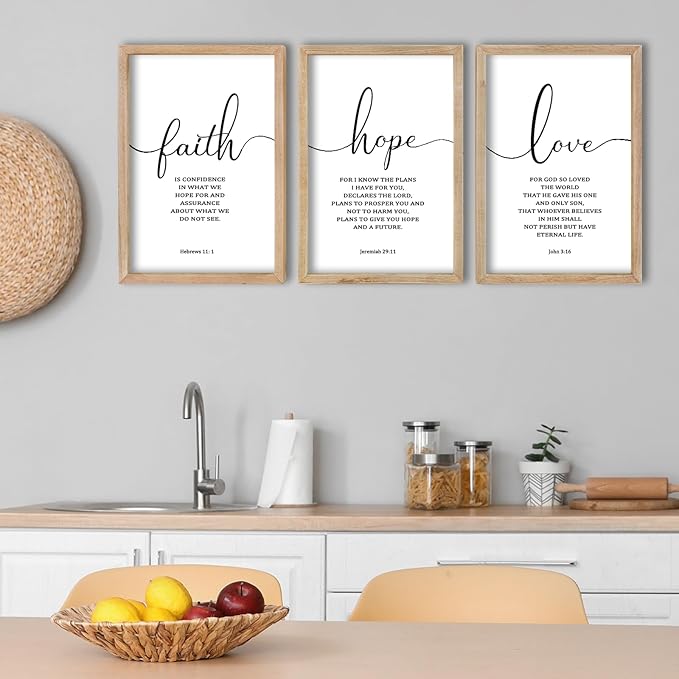 FZMHASLWW Faith Hope Love Sign Wall Decor 24"×16" Set of 3 Bible Verse Christian Scripture Wooden Framed Wall Hanging Art (Wood)