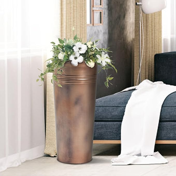 KOL 22''H 2-Pack Planter with Water Level Indicator - Galvanized Steel Pot - Self Watering Planters Flower Pot for Plant - Inner Pot Design - Round Metal Planter Box - Indoor Outdoor Planting - Bronze