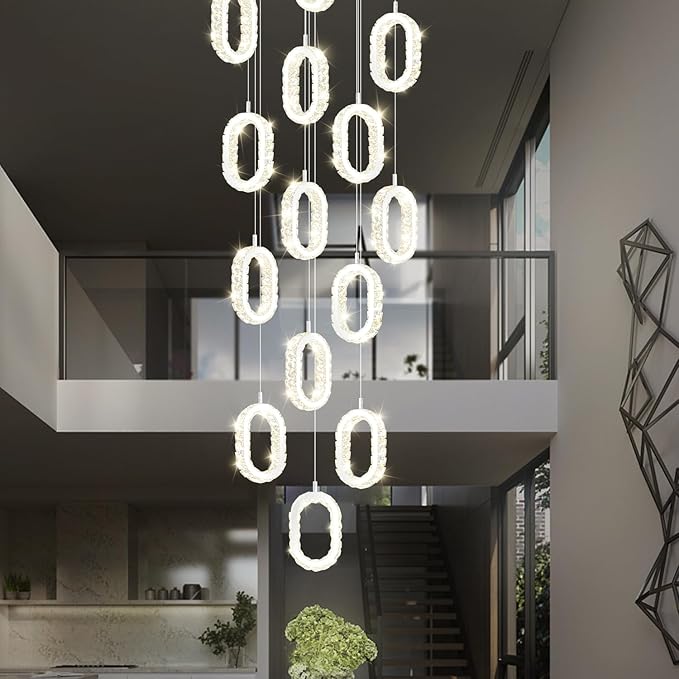 Large Crystal Chandeliers for Stairs Long Spiral Chandeliers for High Ceilings LED Crystal Ring Chandelier Dimmable 2700K-6000K 16-Light Silver