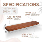 Homeforia Oak Floating Shelves 36 inches Long, High End Solid Real Wood 36 inch Floating Shelf for Room Wall, Honey Oak Wooden 36inch Kitchen Shelves, Heavy Duty Bracket, 36 X 6.5 X 1.75 in, Set of 2