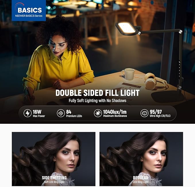 NEEWER Basics 16W LED Desk Lamp for Home Office Video Conference Reading Lighting, Eye Caring Foldable Double Sided Dimmable Touch Table Ring Light with Stand Memory Timer 5 Color Modes CRI95, FR16