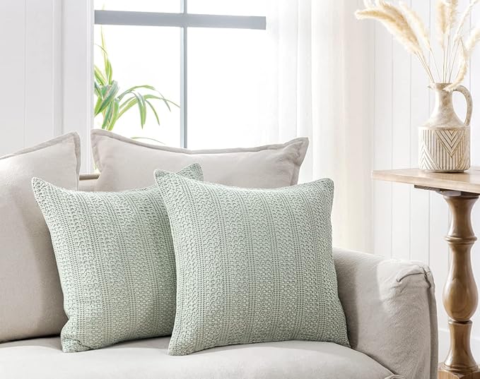 Sage Green Pillow Covers 18x18 Boho Throw Pillow Covers Set of 2 Decorative Pillow Shams Stone Washed Cotton Pillowcase for Couch Sofa Chair Bed Car