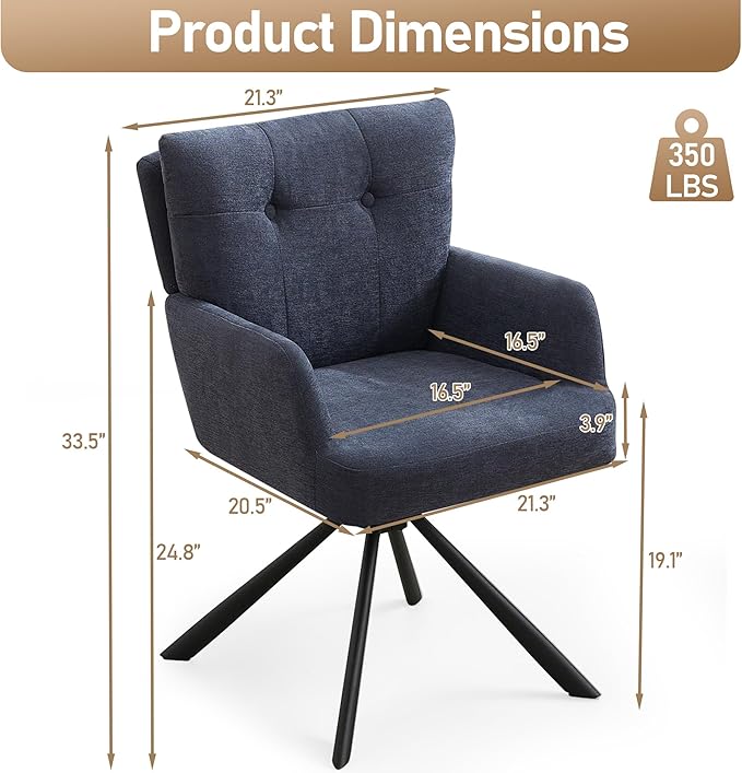 Fabric Dining Chair Modern Upholstered Swivel Dining Room Chairs Comfy Accent Armchair with Mid Back, Desk Arm Chair No Wheels for Kitchen/Living Room/Dining Room, Navy