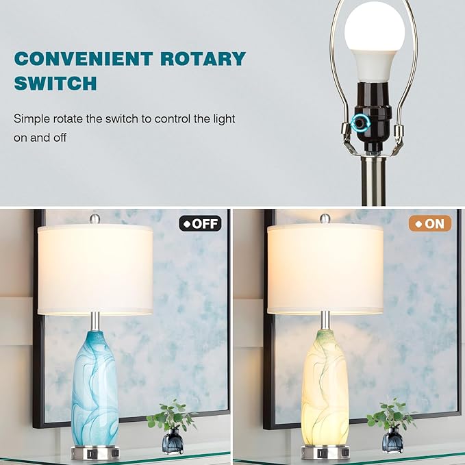 26" Coastal Table Lamps Set of 2, Modern Table Lamps with USB A+C Ports & AC Outlet, Touch Control Glass Bedside Nightstand Lamp with Night Light for Living Room Bedroom End Table Blue(Bulbs Included)