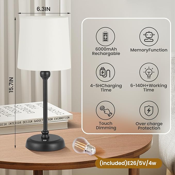 Cordless Small Table Lamp,6000mAh Rechargeable Battery Powered,LED Touch Control Dimmable Bedside Operated Night Table Top,Light for Bedroom/Home/Restaurant/Entryway/Dining/Living Room(Black-High)