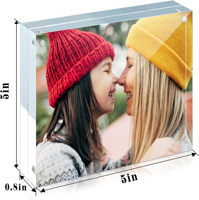 ILYXY 5 Pack Acrylic Frame 5x5, 20% Thicker, 20mm Thick Frameless Clear Picture Frame, Double Sided Magnetic Photo Frame, Free Standing Desktop Display Stand Acrylic Picture Frames