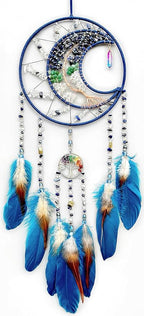 Tree of Life Dream Catchers,Handmade Rainbow Healing Crystal Stone Dream Catcher Wall Hanging Ornament for Bedroom Wedding Party Decor, Festival Blessing Gift (Blue Purple Tree of Life Art(Moon))