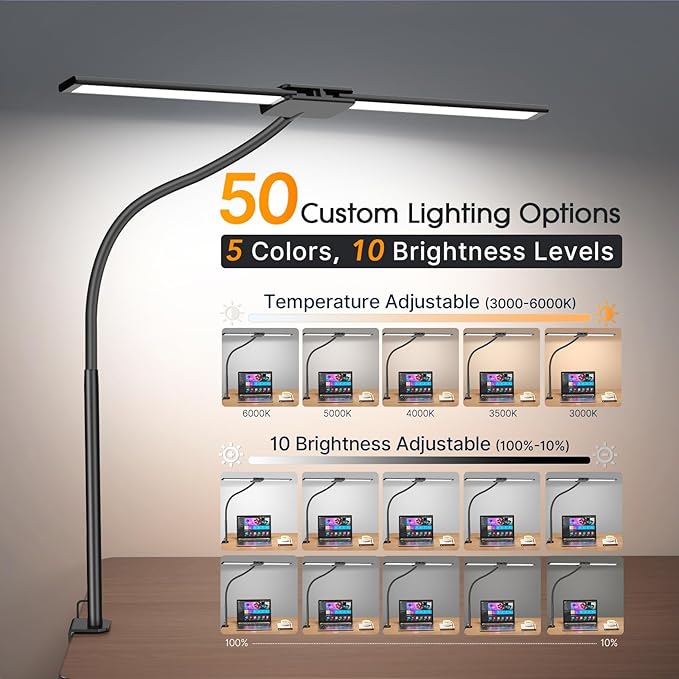Syrinx LED Desk Lamp for Home Office – Eye-Caring Dual Head Desk Light with Flexible Gooseneck, Clamp, Gesture/Wired Control, 50 Lighting Modes with Memory/Timer for Study, Crafting
