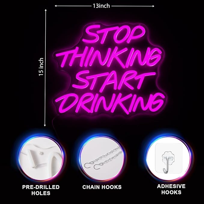 Stop Thinking Start Drinking Neon Sign Pink Led Neon Signs for Wall Decor Neon Lights up Letters for Bar Decor Bar Decorations for Home Led Light Sign for Man Cave decor Party USB Powered (13.38"L x 12.99"W)