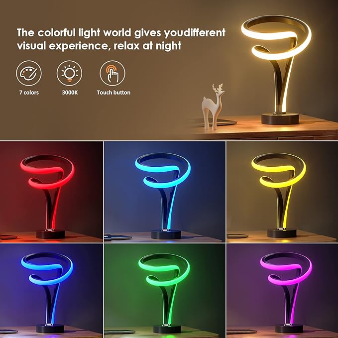 Modern Spiral RGB Table Lamp, Unique, 7 Colors 10 Light Modes LED, Touch Dimmable Cool Nightstand Lamps for Living Room Bedroom Office, Ideal Gift (Black)
