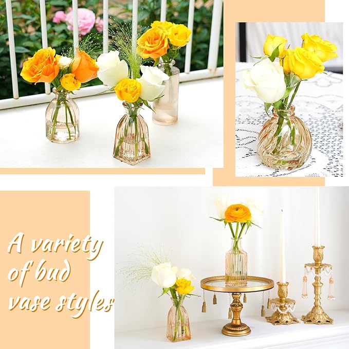 Champagne Bud Vases Set of 12 Amber Glass Vase for Decor Centerpieces, Small Ribbed Vases for Flowers Stripe Modern Bud Vases in Bulk Vintage Vases for Floral Wedding Party Table Decoration Home Decor