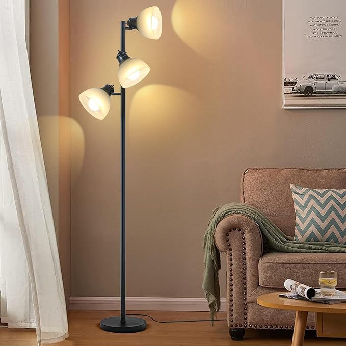 63" Modern 3-Head Adjustable Floor Lamp, Flexible Gooseneck Standing Lamp with Glass Shades for Living Room, Bedroom & Office,3x9W E26 LED Bulbs Included, Weighted Base