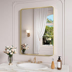 Gold Bathroom Mirror, 22x30 Inch Brushed Gold Metal Frame Mirror for Wall, Rounded Rectangle Bathroom Vanity Mirror, Tempered Glass, Anti-Rust, Horizontal/Vertical