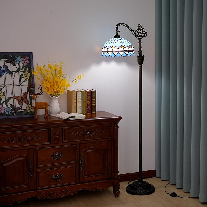 Tiffany Floor Lamp Vintage Standing Lamp Blue Mediterranean Style Stained Glass Floor Light Rustic Corner Gooseneck Floor Lamp with Adjustable Angle for Home Decor Living Room Bedroom 12X12X63 Inches