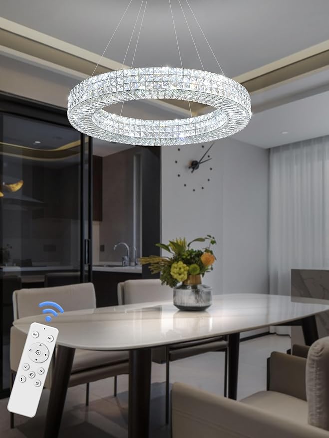 Dia 32" Ring Crystal Chandelier Modern Silver Ring Chandelier Adjustable Height Luxury Crystal Pendant Ceiling Light Fixture for Dining Living Room Bedroom