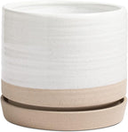 8 Inch Pots for Plants, Ceramic Planter Pot with Drainage Hole & Saucer, Indoor or Outdoor Cylinder Round Planter Pot, Matte White & Beige