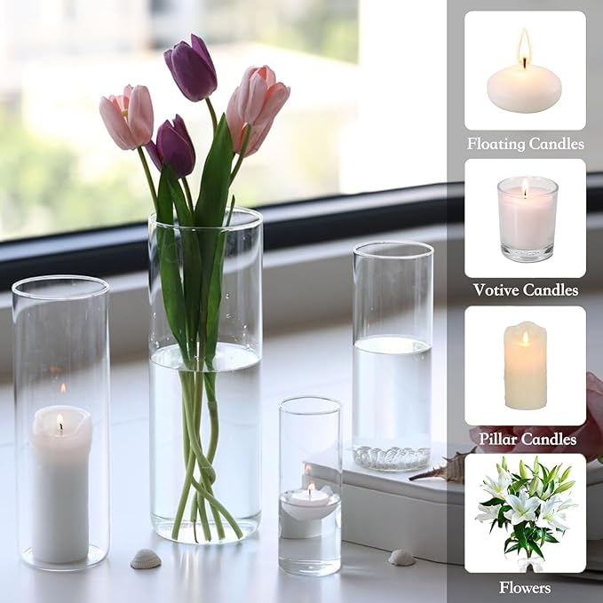 PHOSPHOR 12 PCS Glass Candle Holder, Hurricane Candle Hoder, Glass Pillar Candle Holder, Clear Cylinder Candleholder Cylinder Vase for Centerpieces Wedding Party Decoration