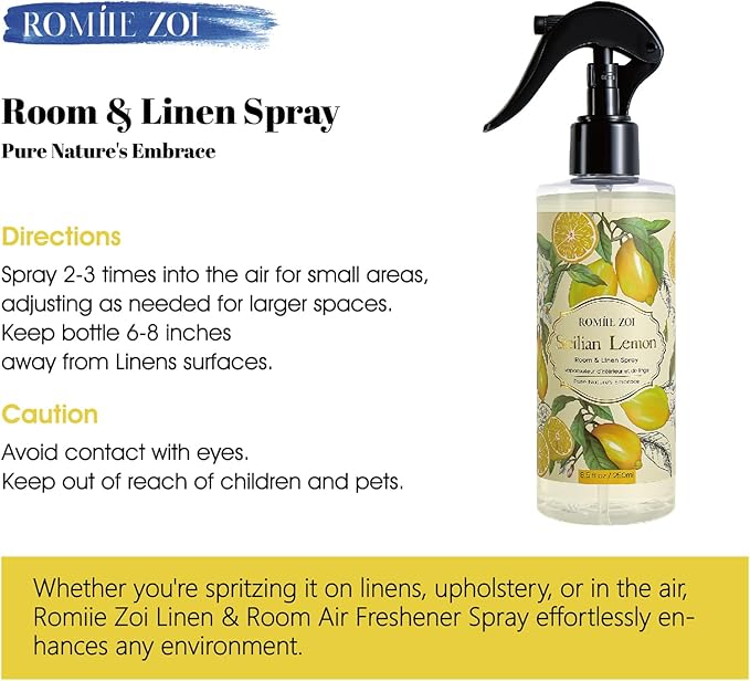 ROMIIE ZOI Room Spray Lemon, Air Freshener Spray Made with Natural Plant Extract, Scented Room Spray for Home Fragrance Fabric Spray Freshener 8.5 FL OZ