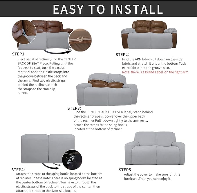 Easy-Going 6 Pieces Recliner Loveseat Stretch Sofa Slipcover Sofa Cover Furniture Protector Couch Soft with Elastic Bottom Kids, Spandex Jacquard Fabric Small Checks Silver Gray