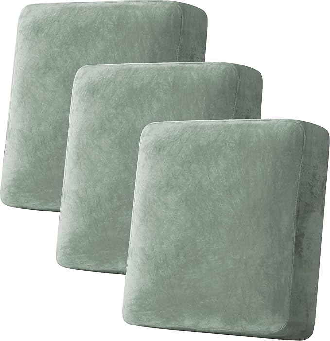 H.VERSAILTEX Velvet Stretch Couch Cushion Cover Plush Cushion Slipcover for Chair Loveseat Sofa Cushion Furniture Protector Seat Cushion Sofa Cover (3 Piece Sofa Cushion Covers, Sea Grass)